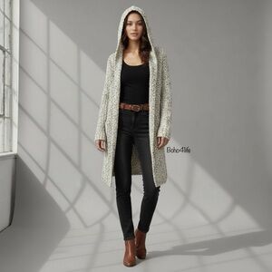 Original USA Midi Heavyweight Chunky Knitted Hooded Open Cardigan Sweater Size S